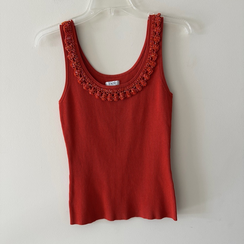 Vintage Cache Elegant Vintage Orange Beaded Crochet Trim Tank Top